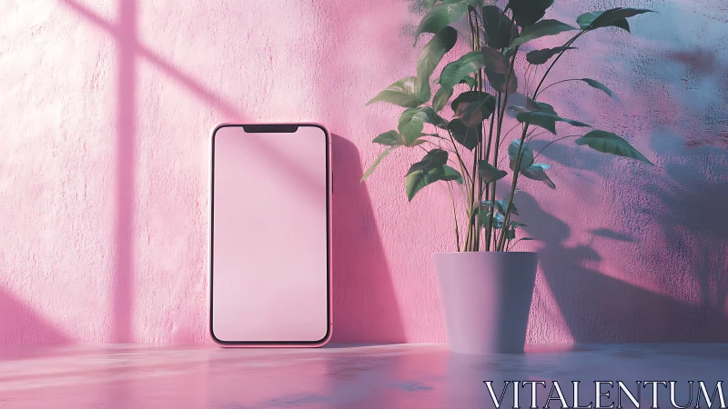 Smartphone and potted plant against pink textured wall.