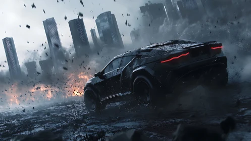 Futuristic armored car races through ruined cityscape.