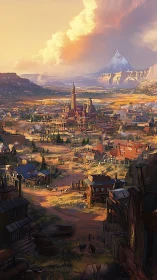 Sunlit frontier valley town beneath a dreaming crystal peak.