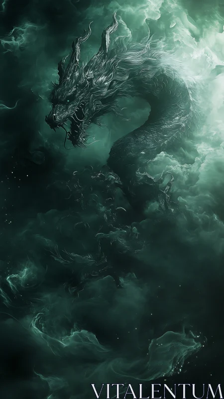 Mythic emerald dragon forms from swirling astral mist.