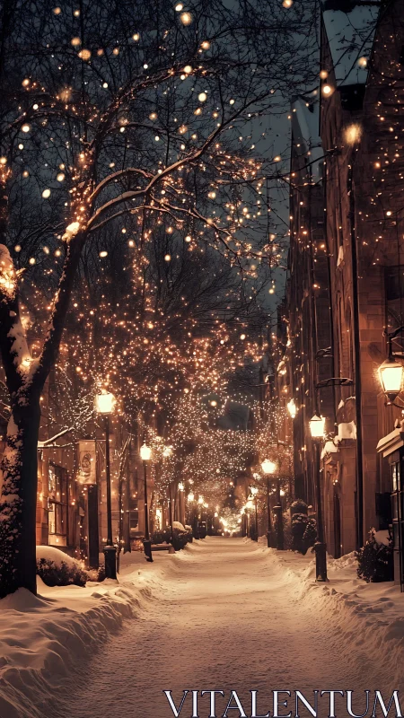 Snow covered city street with warm winter string lights.