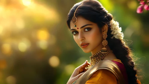 Photorealistic South Indian bride in golden hour bokeh light