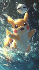 Pikachu jumps through turbulent water as a Poké Ball floats overhead