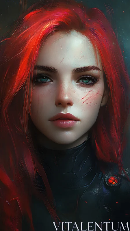 Scarred red-haired warrior portrait under moody teal light.