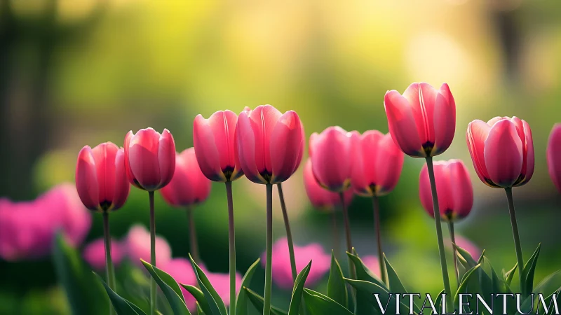 Sunlit pink tulips gently welcoming a soft spring morning.