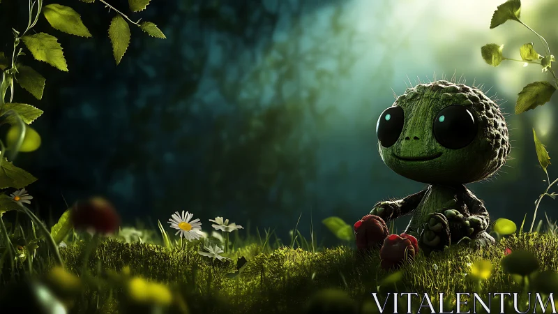 Bioluminescent forest creature observing daisies at dusk.