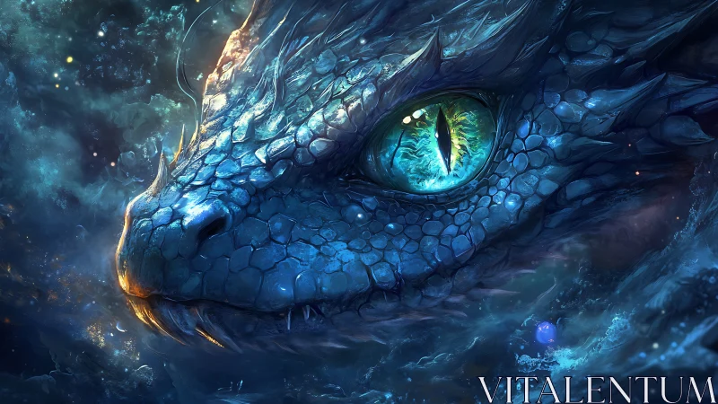 Iridescent cosmic dragon portrait with luminous cyan eye.