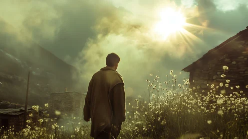 Backlit wanderer drifts through wildflowers toward burning sky
