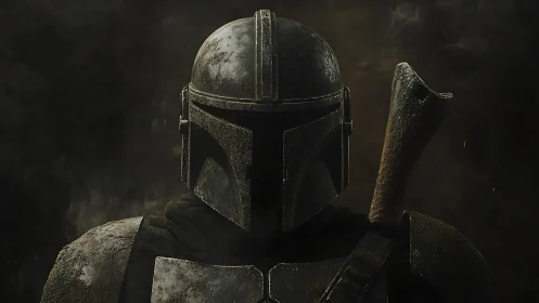 Stoic armored warrior stands calm in smoky golden light