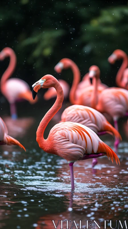 Rainlit flamingo ballet wading through jeweled ripples.