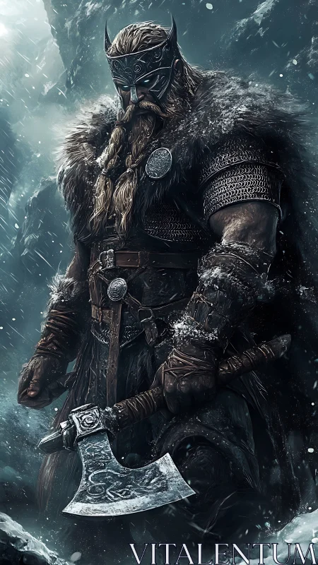 Nordic warlord stands armored in furs within icy blizzard.