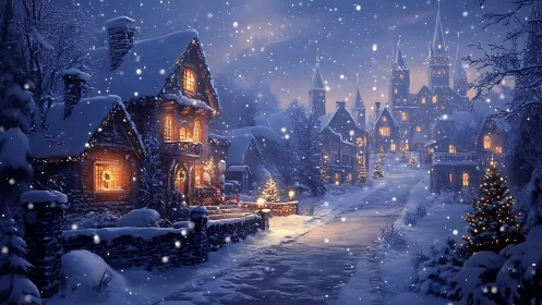 Snow-covered village street glows with warm festive lights
