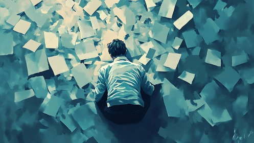 Overwhelmed dreamer resting in a storm of scattered pages.