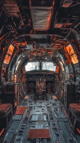 Decommissioned aircraft cockpit interior glows with warm light