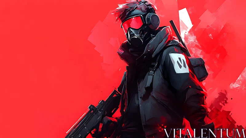 Vivid cyber guardian standing bold against red chaos.