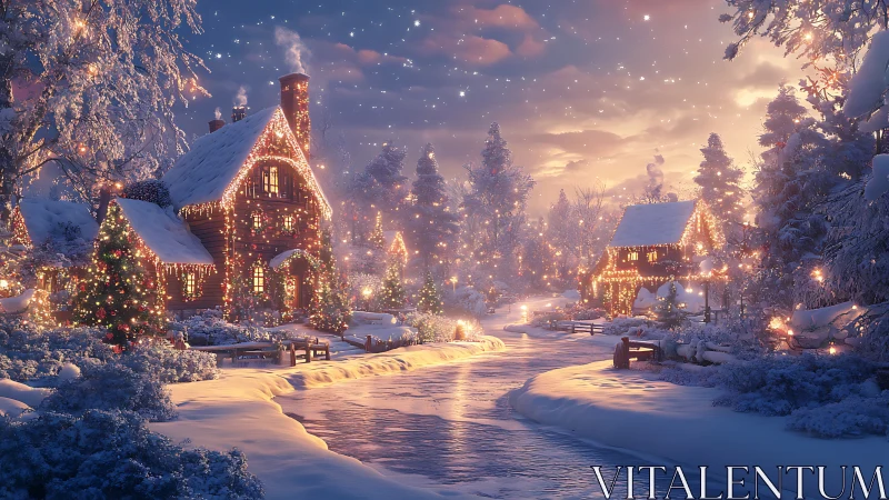 Snow covered village houses with winter lights at dusk.