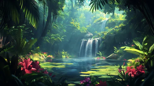 Lush jungle lagoon surrounds cascading twin waterfall