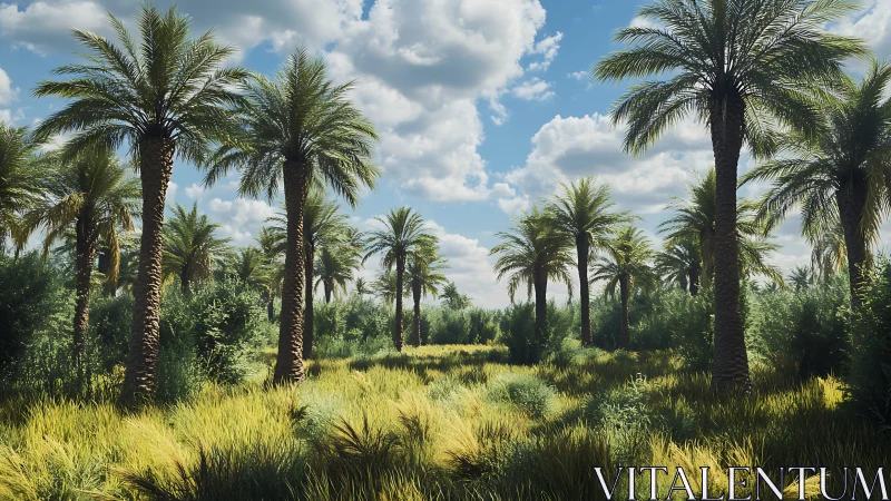 Dense palm grove under bright midday sky with clouds.