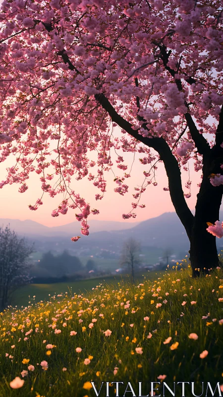Cherry blossom hillside frames a luminous spring valley at dusk