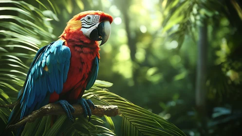 Scarlet macaw rendered with high-detail plumage in lush bokeh jungle