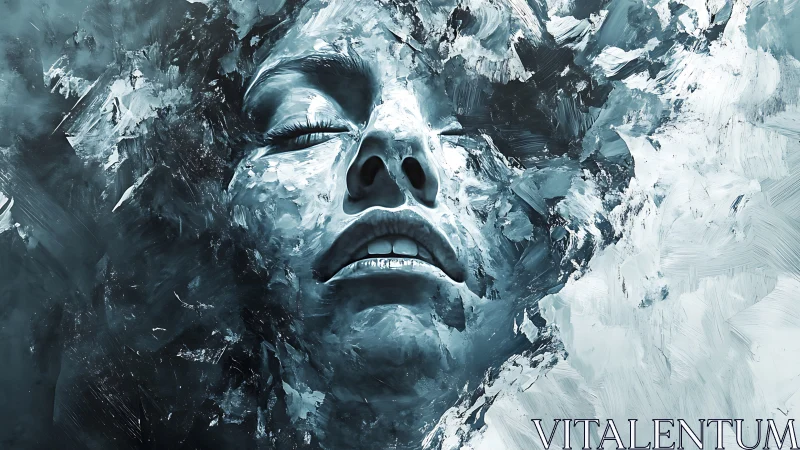 Frozen human face emerges through fractured icy abstraction
