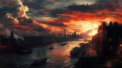 Industrial river cityscape under incendiary sunset sky glows