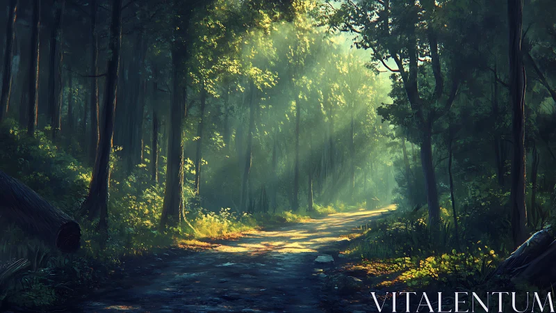Sunlit Forest Path with Golden Light Rays