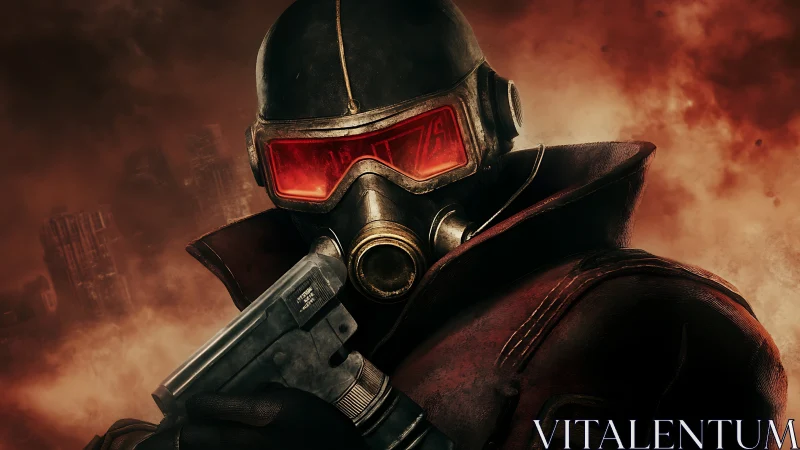 Armored wasteland ranger stands ready in burning red haze