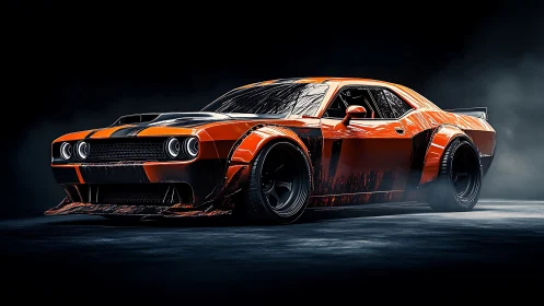 Midnight burnout beast, orange muscle car in stormlight stance.