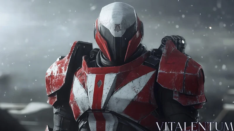 Heavily weathered red-white sci-fi combat exosuit under soft snowfall
