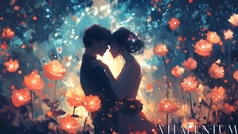 Luminescent Romance: Digital Painting of Embracing Couple Among Glowing Flowers.