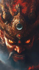 Demonic warlord portrait with flaming crown and infernal sigil