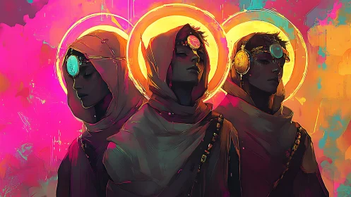 Neon-cloaked mystics with glowing halos in cyber desert.