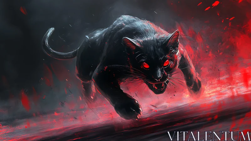 Demonic black panther charging through red particle flames.