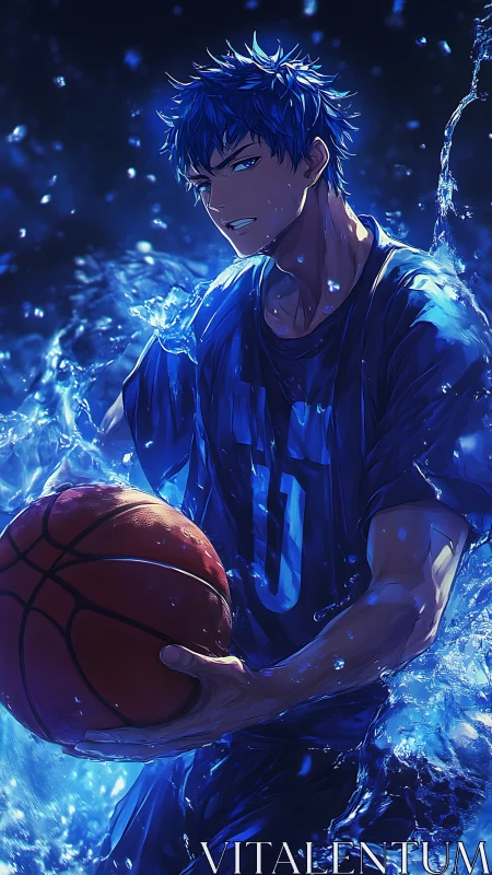Dynamic anime basketball player rendered in high-contrast blue lighting