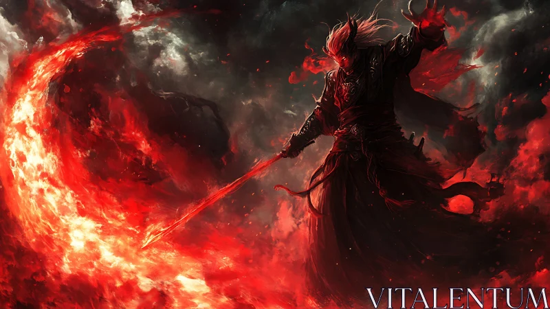 Blazing spellblade carving a fiery storm across night skies.