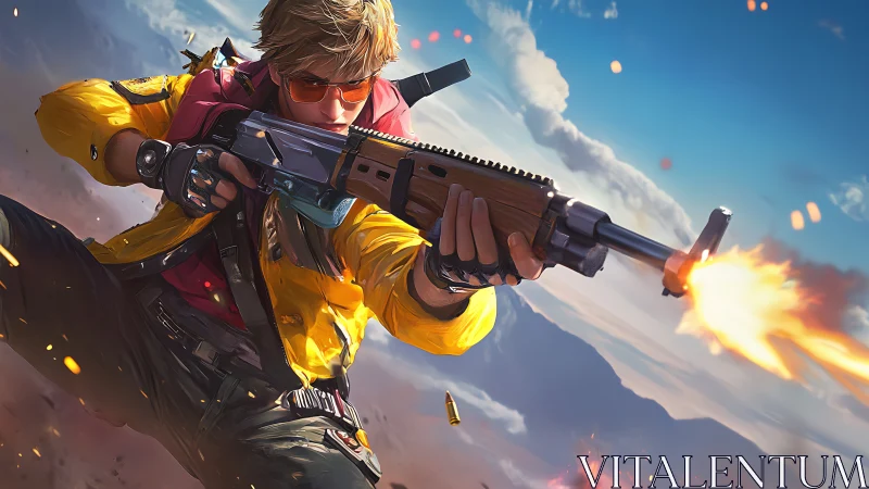 Skydiving gunner unleashes rapid fire over mountain ridge.