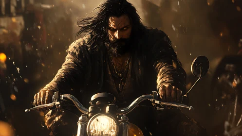 Bearded rider on cafe racer motorcycle in golden backlight