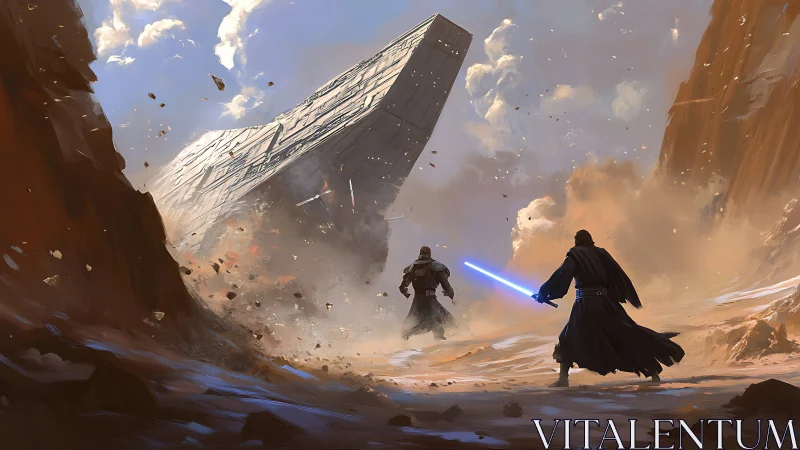 Cliffside duel with cloaked figures and falling starship.