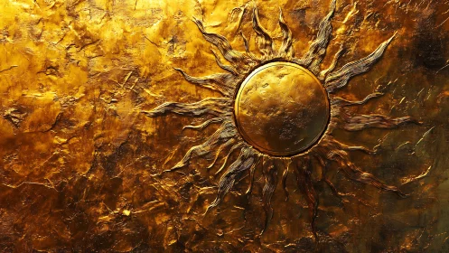 Radiant golden sun emblem gleams on textured metallic canvas