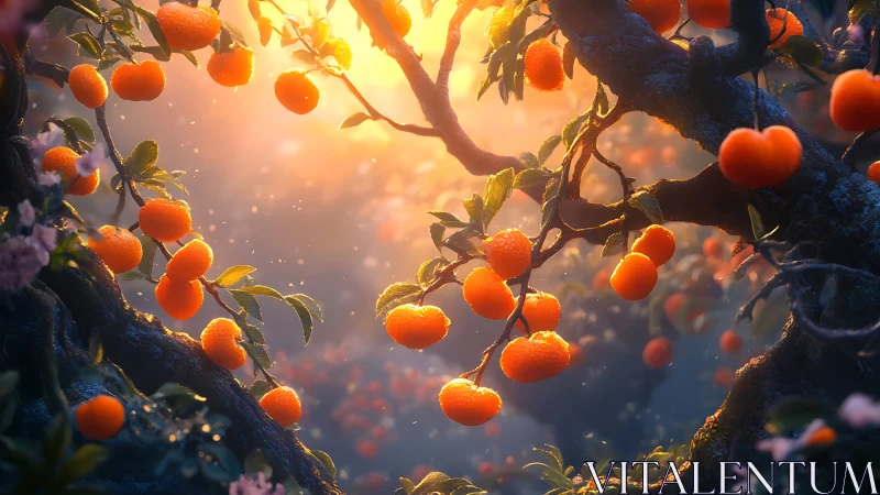 Glowing tangerine grove under warm ethereal sunset light.