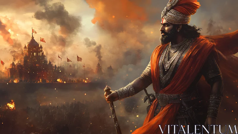 Ember crowned warrior studies his burning temple kingdom