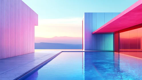 Minimalist Architectural Pool Bathed in Gradient Sunset Hues.