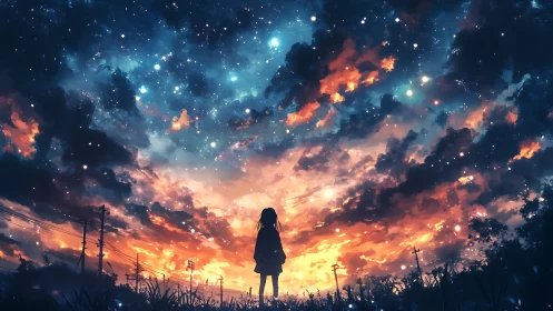 Starlit evening sky welcomes a quiet girl into its glow