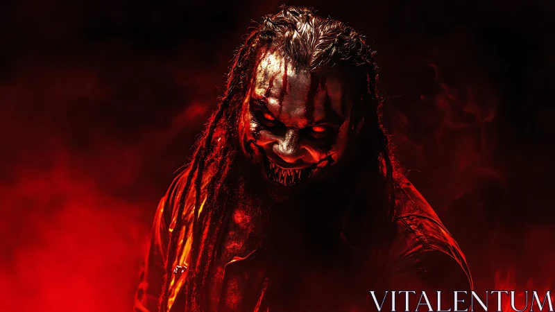 Grinning nightmare climbs from crimson smoke with burning eyes