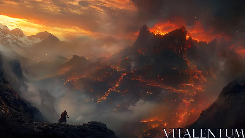 Solitary Warrior Confronts Burning Fortress.