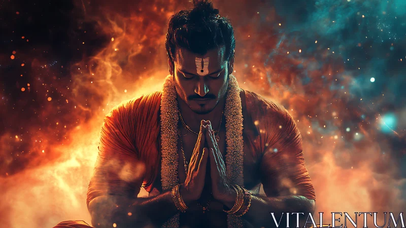 Muscular monk prays in fiery, colored smoke environment