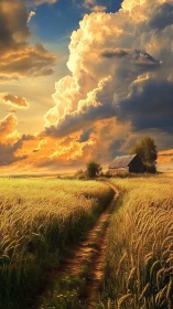 Cumulonimbus-lit wheat path with distant farmhouse geometry.