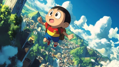 Joyful boy soaring above sunlit anime mountain cityscape.