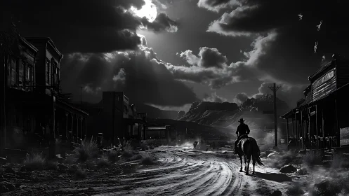 Monochrome cowboy silhouette rides through desolate, backlit frontier street